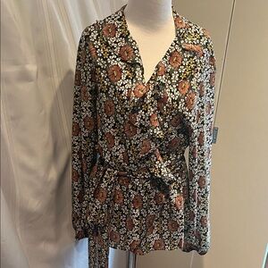 Max Studio Floral Print Wrap Blouse - Black and Brown